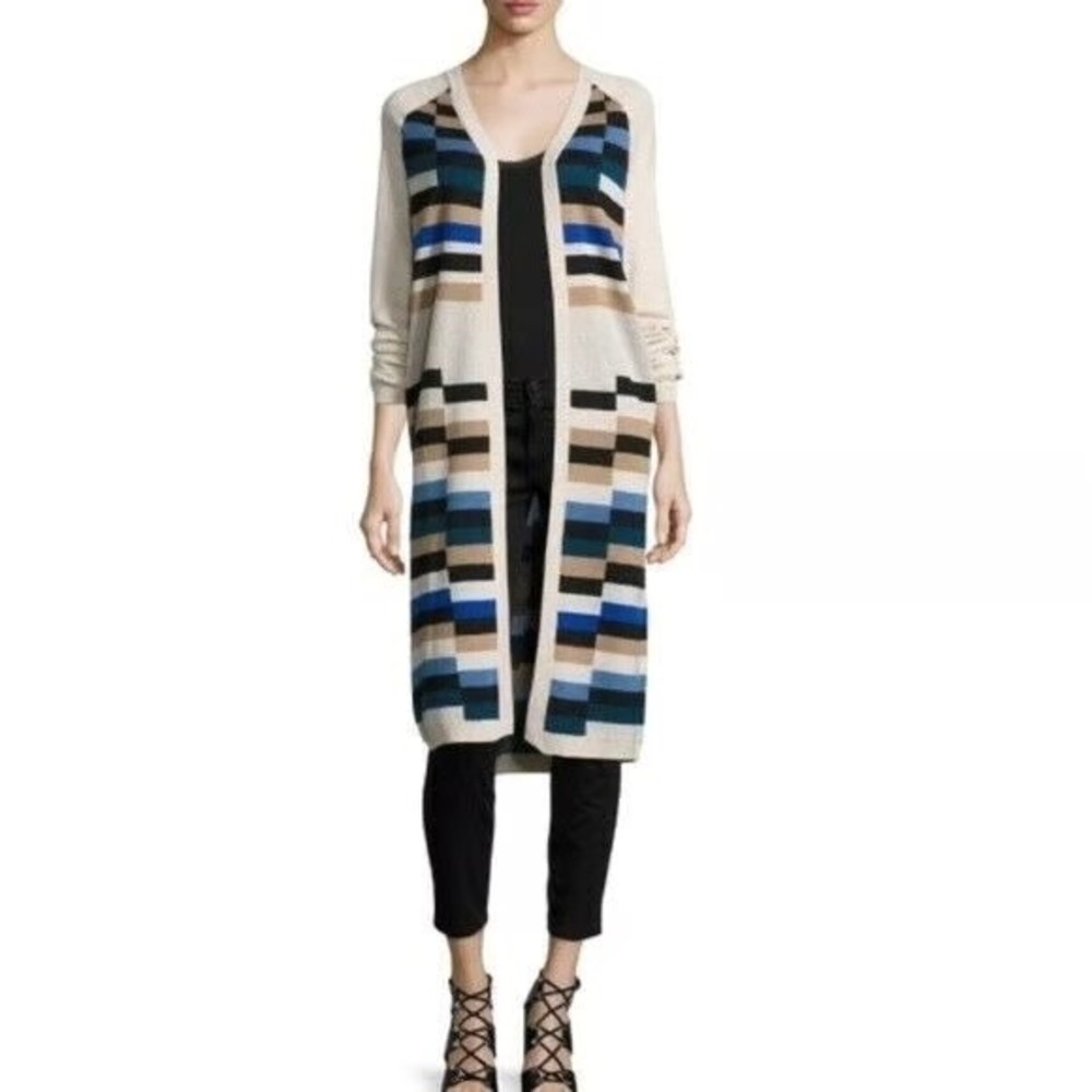Mara Hoffman Striped Longline Open Front‎ Cardigan Sweater Tan Blue Sz Large